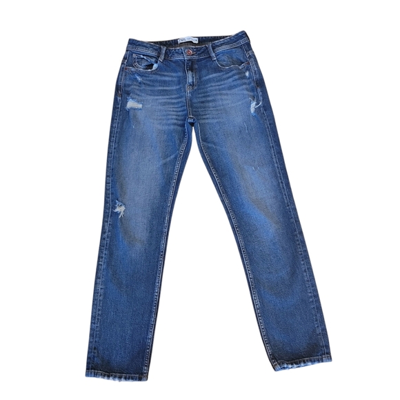 Zara Distressed Blue Straight Leg Denim Jeans Size 4 - Picture 1 of 4